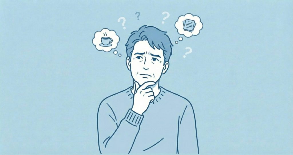 体の不調や生活習慣の改善に悩む中年男性のイラスト