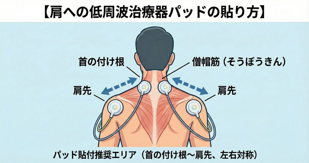 肩こり解消のための低周波治療器パッドの貼り方(僧帽筋・肩先)