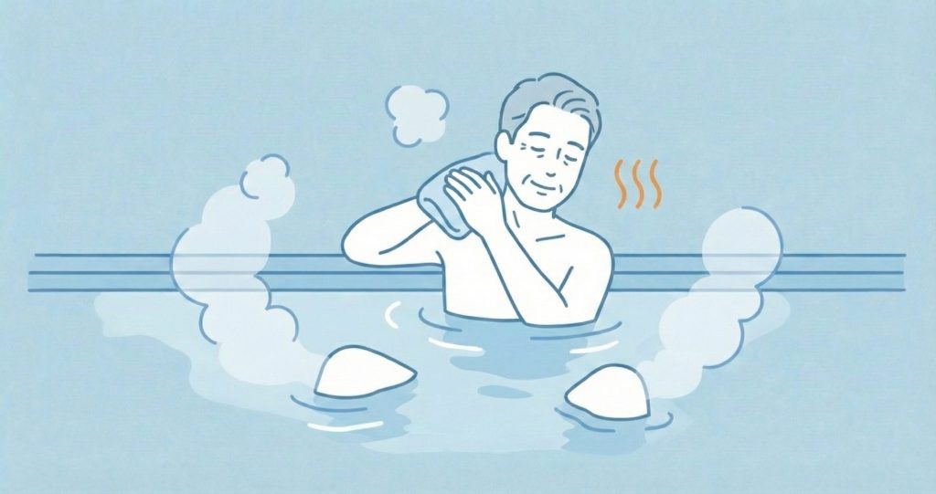 お風呂に浸かって体を温め、リラックスしている中年男性のイラスト