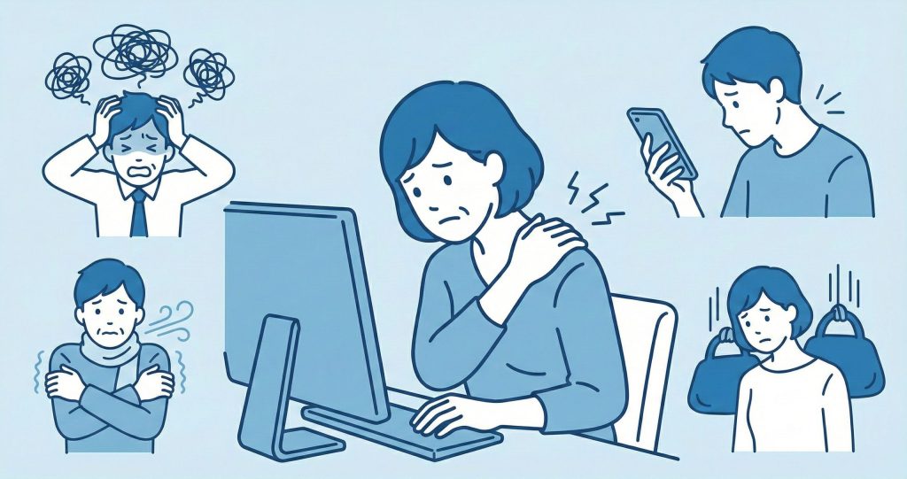 肩こりの5大原因（デスクワーク、ストレス、スマホ、冷え、重い荷物）のイラスト