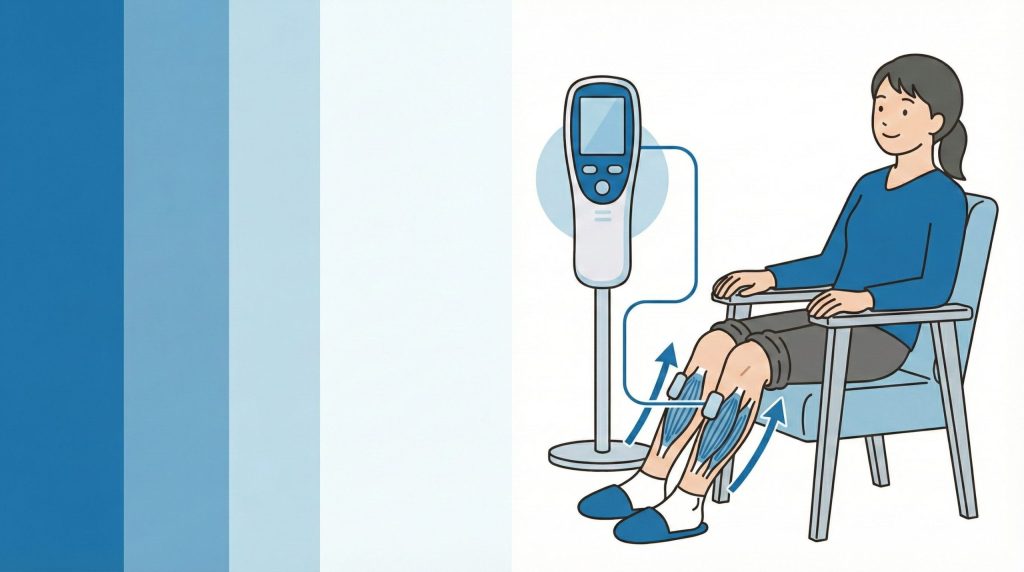 椅子に座って脚にEMSを使用する女性