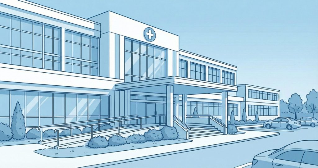 痛みが強い場合に受診を推奨する医療機関の外観イラスト