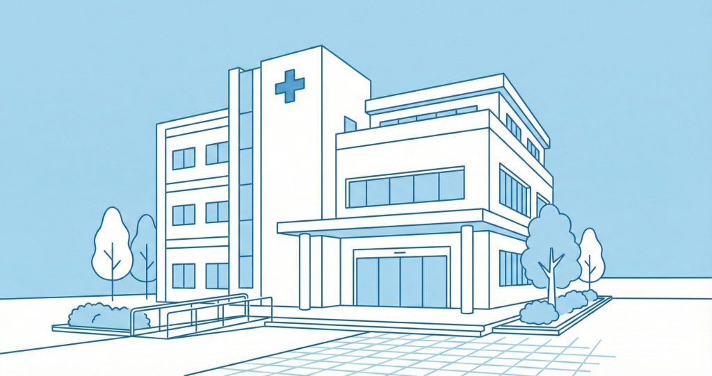 専門医への相談や受診を推奨する病院・クリニックの外観イラスト