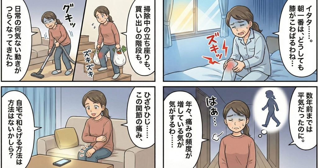 朝のこわばりや掃除、階段昇降など、日常生活で膝やひじの痛みを感じ、自宅でのケア方法を探す女性の4コマ漫画