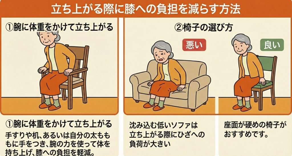 椅子から立ち上がる際に膝の負担を減らす方法の図解