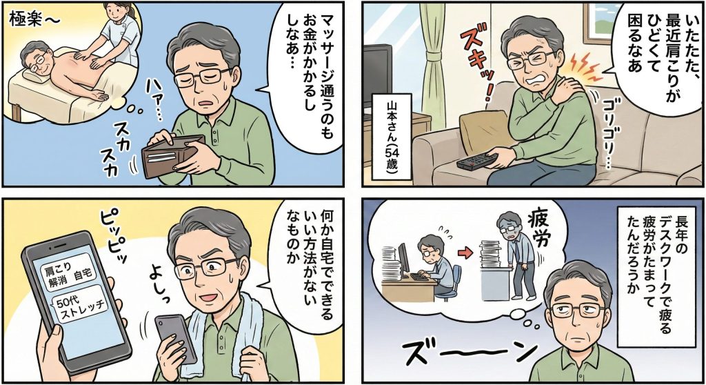 自宅でできる肩こり解消法を見つける男性の4コマ漫画
