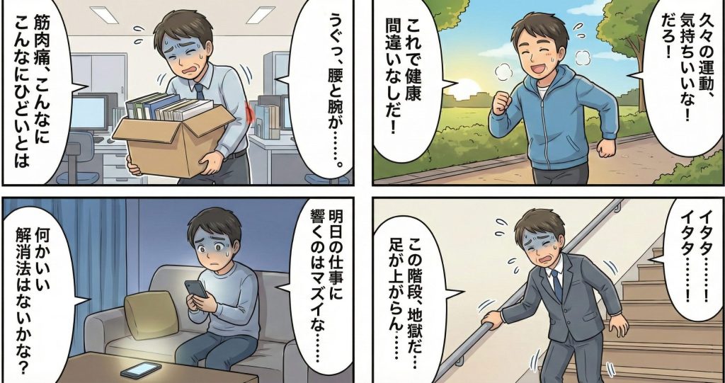 運動後の筋肉痛に悩み、解消法を探す男性の日常を描いた4コマ漫画