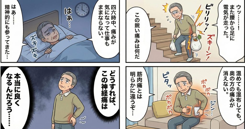神経痛の痛みや階段の上り下りの辛さに悩む男性の4コマ漫画