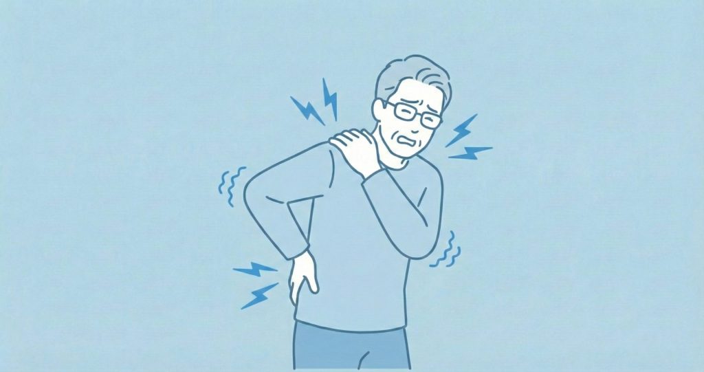 肩こりと腰痛に顔をしかめる中年男性のイラスト