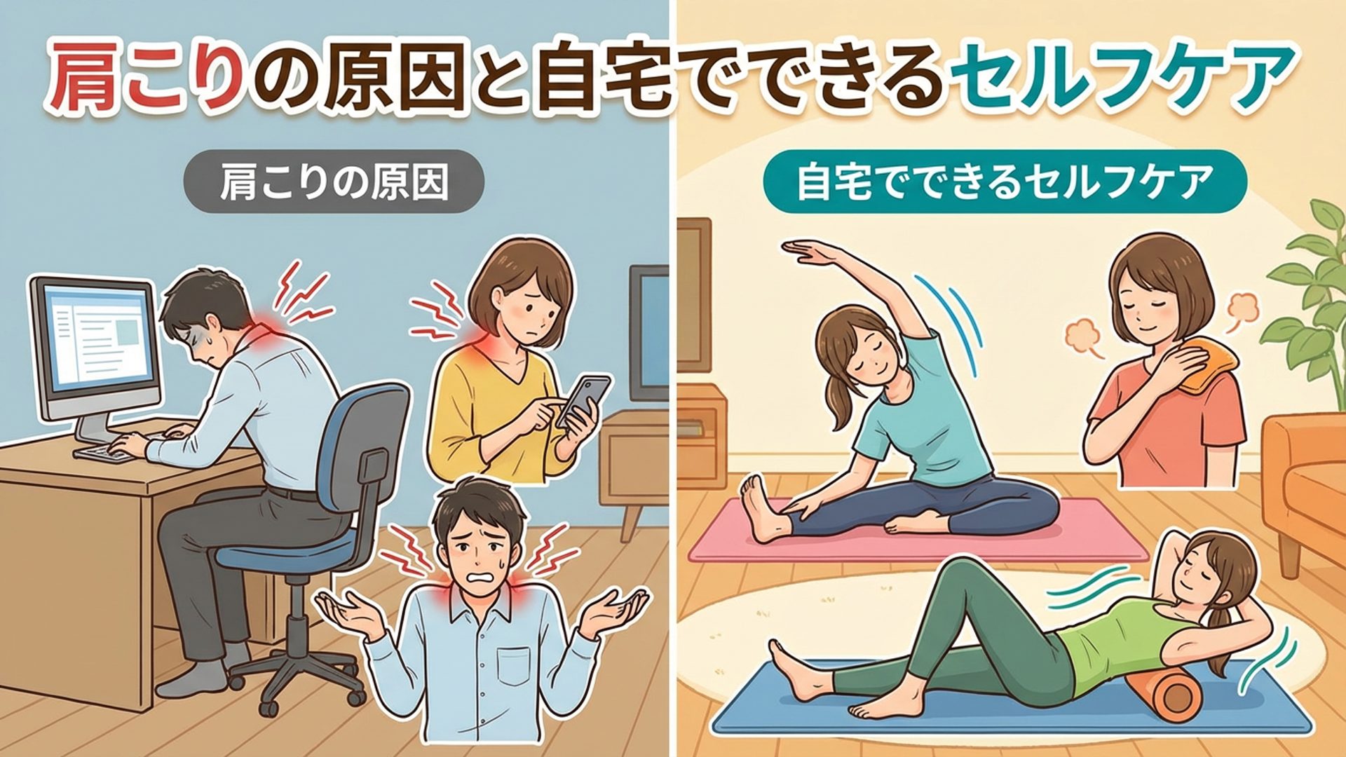 肩こりの原因と自宅でできるセルフケアのアイキャッチ画像