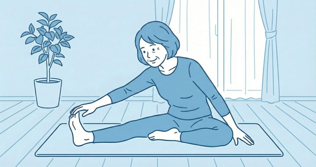 自宅でリラックスしながら足のストレッチを行うシニア女性のイラスト