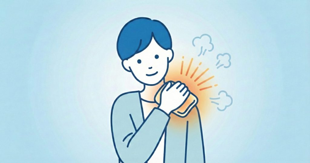 ホットパックで肩を温める男性