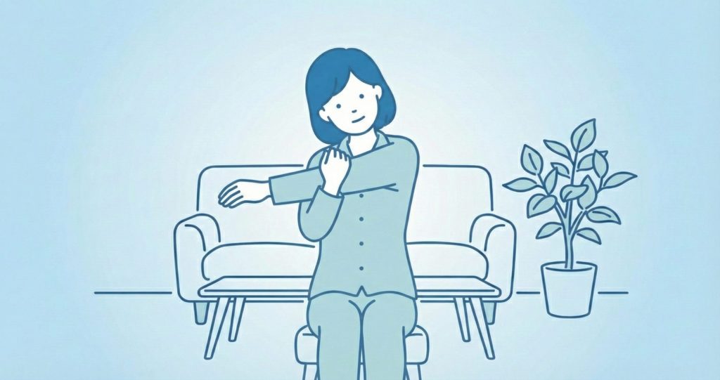 椅子に座って肩のストレッチをする女性のイラスト