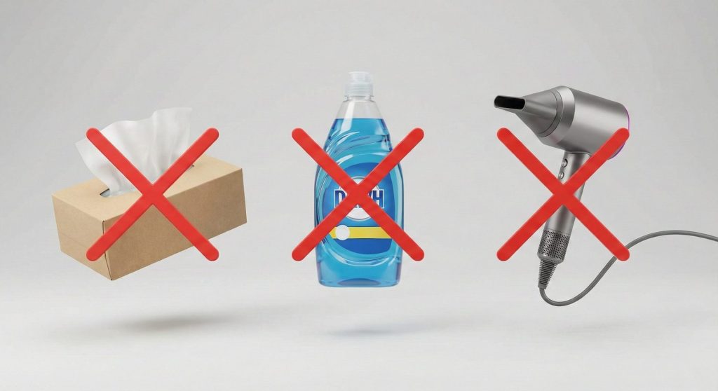 低周波治療器パッドのお手入れで使用してはいけないティッシュ、洗剤、ドライヤー