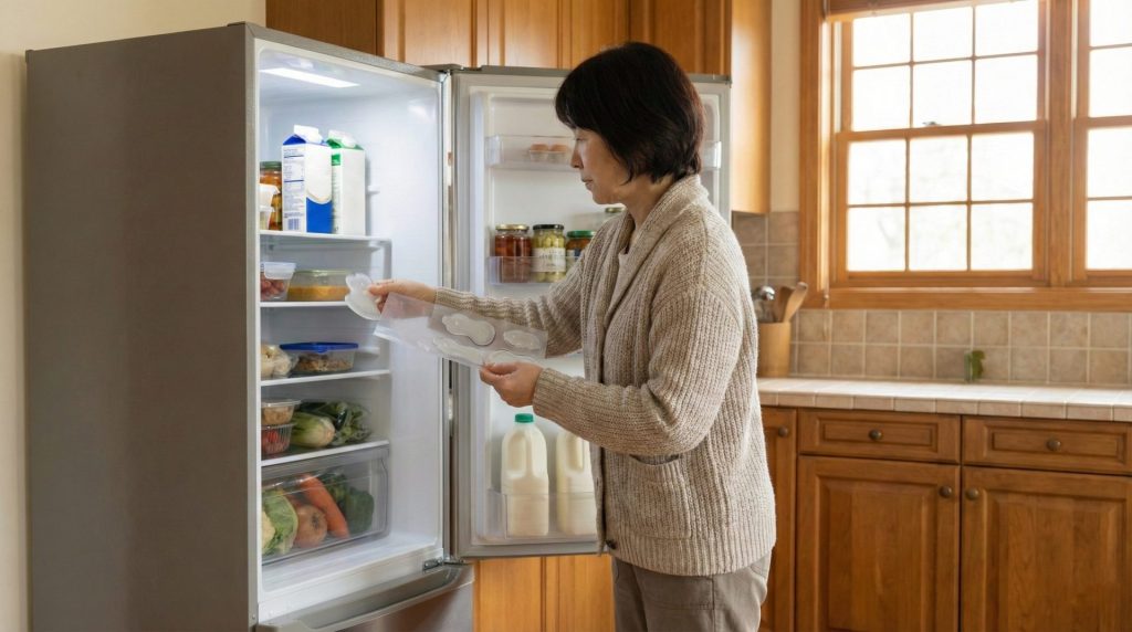冷蔵庫で低周波治療器のパッドを保管する様子