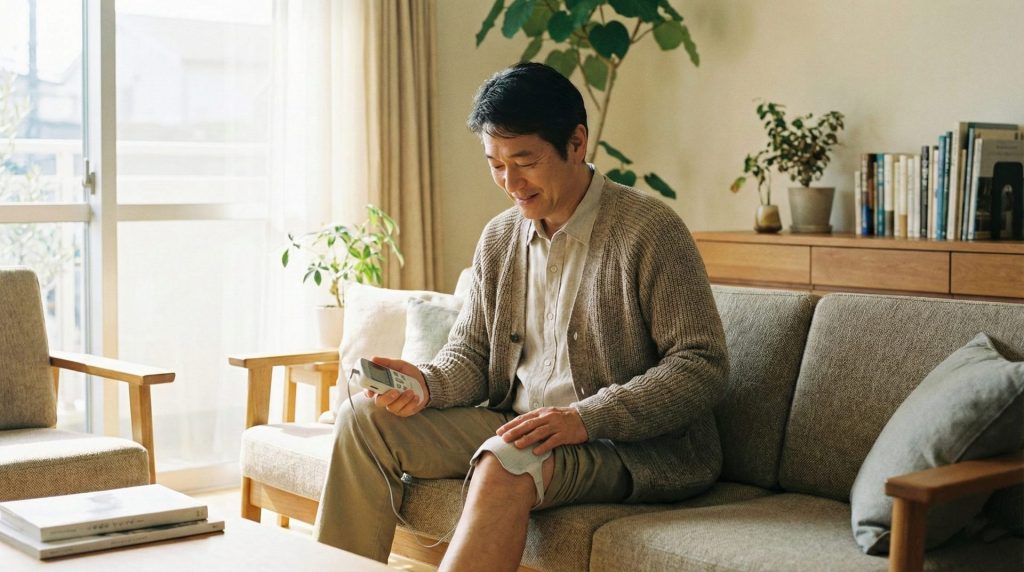 ソファに座り膝に低周波治療器のパッドを貼って操作するシニア男性