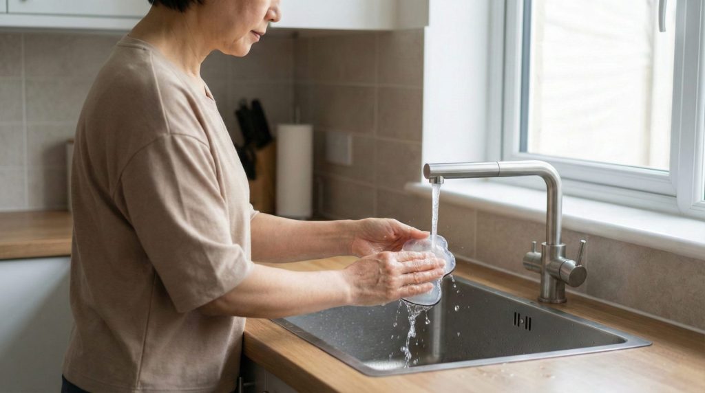 キッチンのシンクで低周波治療器のパッドを指先で優しく水洗いする様子