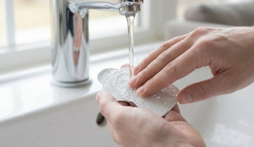 オムロン ロングライフパッドを水洗いする様子