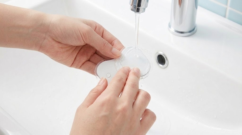 低周波治療器の粘着パッドを、少量の流水にさらしながら、指の腹を使って優しく水洗いしている手元の様子。
