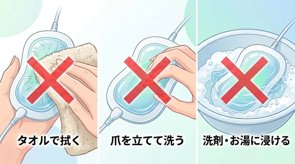 低周波治療器パッドのNGな洗い方を説明するイラスト