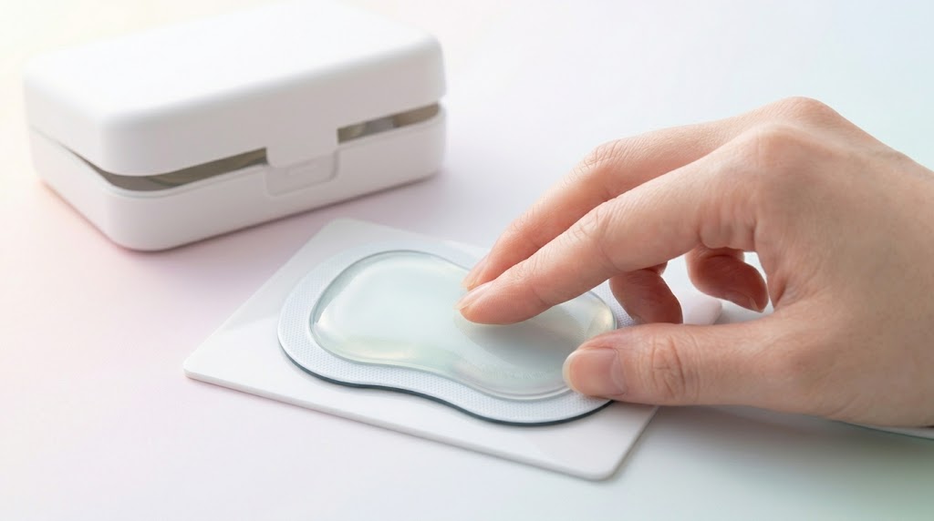 低周波治療器パッドを保護シートに丁寧に貼り戻している様子
