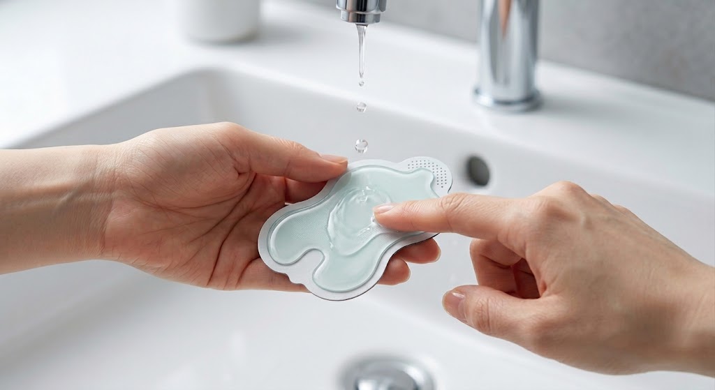 低周波治療器パッドの正しい洗い方（少量の流水で指の腹を使って優しく洗う様子）
