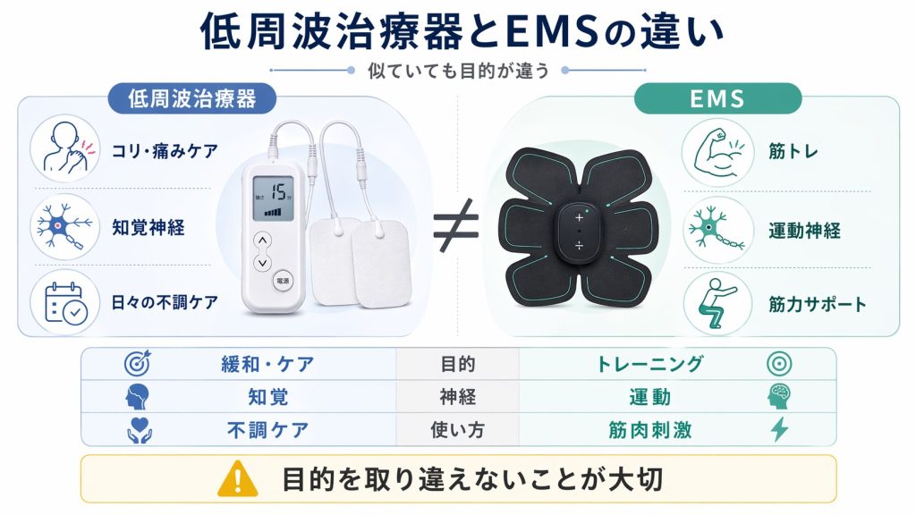 低周波治療器（緩和・ケア目的）とEMS（トレーニング・筋肉刺激目的）の違いを比較した表
