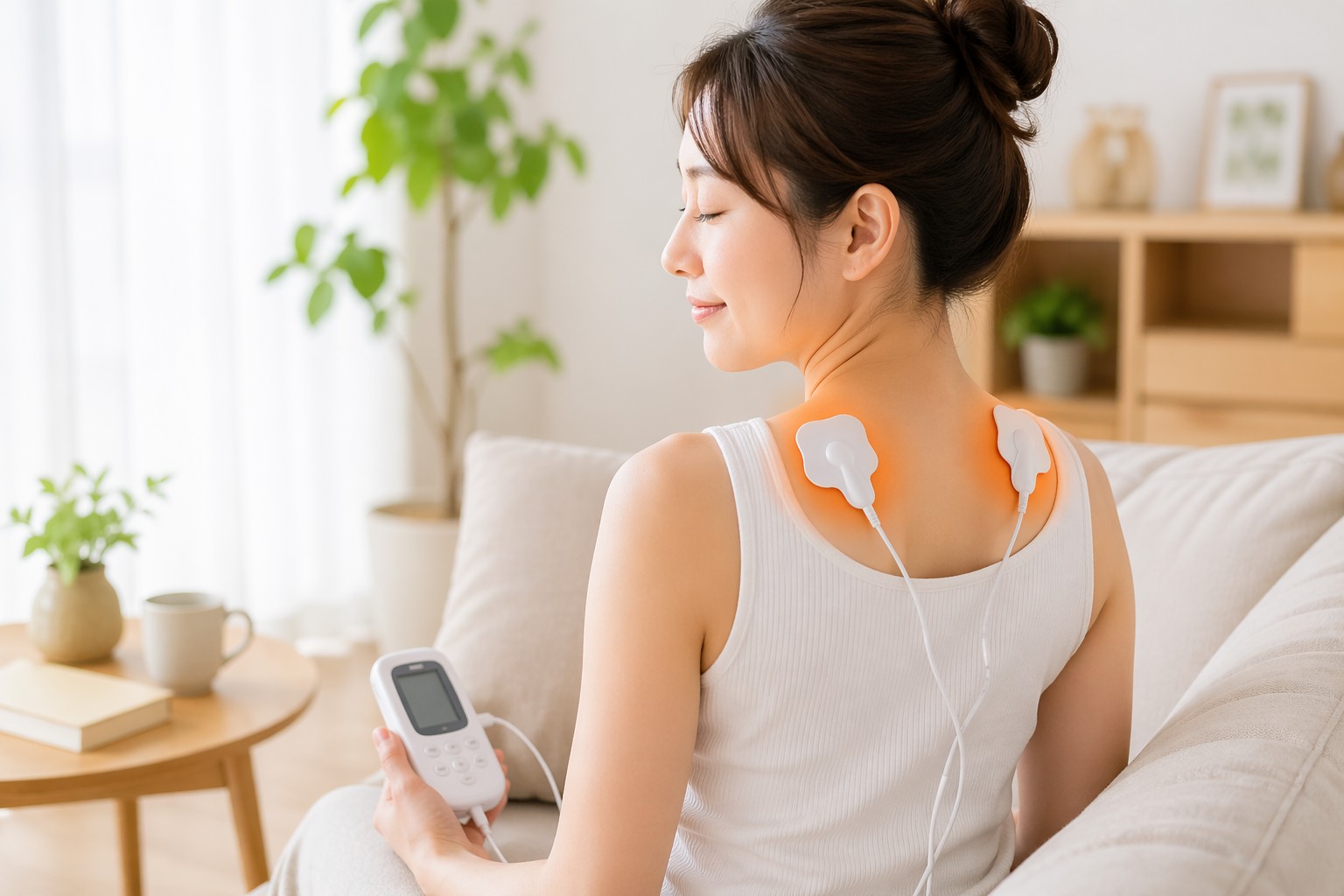 肩に温熱低周波治療器のパッドを貼り、リラックスした表情でリモコンを操作する女性の様子