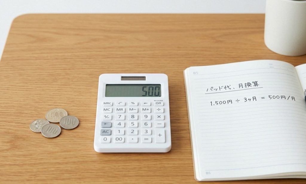 木目調のテーブルの上で、電卓、小銭、手書きのノートを使い、TENSパッドの月換算コスト（1,500円 ÷ 3ヶ月 = 500円/月）を計算している様子。