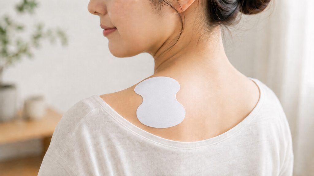 肩のカーブに沿って低周波治療器の3D形状パッドを貼っている女性