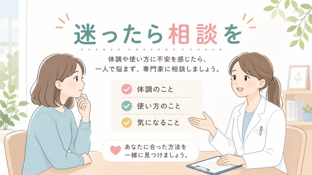 「迷ったら相談を」という見出し。白衣を着た女性専門家が、不安そうな表情の女性にアドバイスをしているイラスト。「体調のこと」「使い方のこと」「気になること」のチェックリストが添えられています。