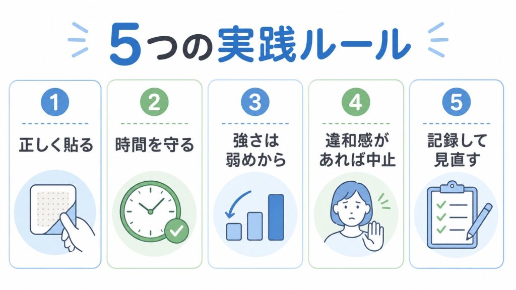 「5つの実践ルール」のまとめ図。1.正しく貼る、2.時間を守る、3.強さは弱めから、4.違和感があれば中止、5.記録して見直す、の5項目がアイコンと共に並んでいます。