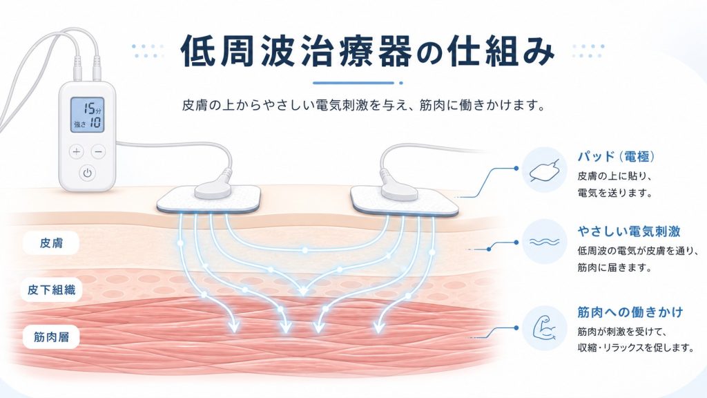 「低周波治療器の仕組み」を説明する図。皮膚の上に貼ったパッドから電気刺激が皮下組織を通り、筋肉層に届く様子を矢印で示しています。