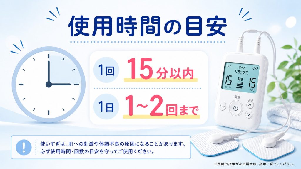 「使用時間の目安」を説明する画像。1回15分以内、1日1〜2回までという具体的な数値と、タイマー、低周波治療器本体のイラストが描かれています。