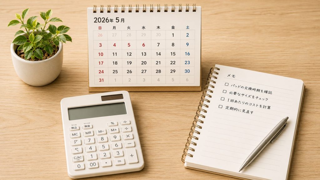 木目調デスクにカレンダー、電卓、ノート、ボールペン、植木鉢を配置した低周波治療器パッドのコスト比較イメージ