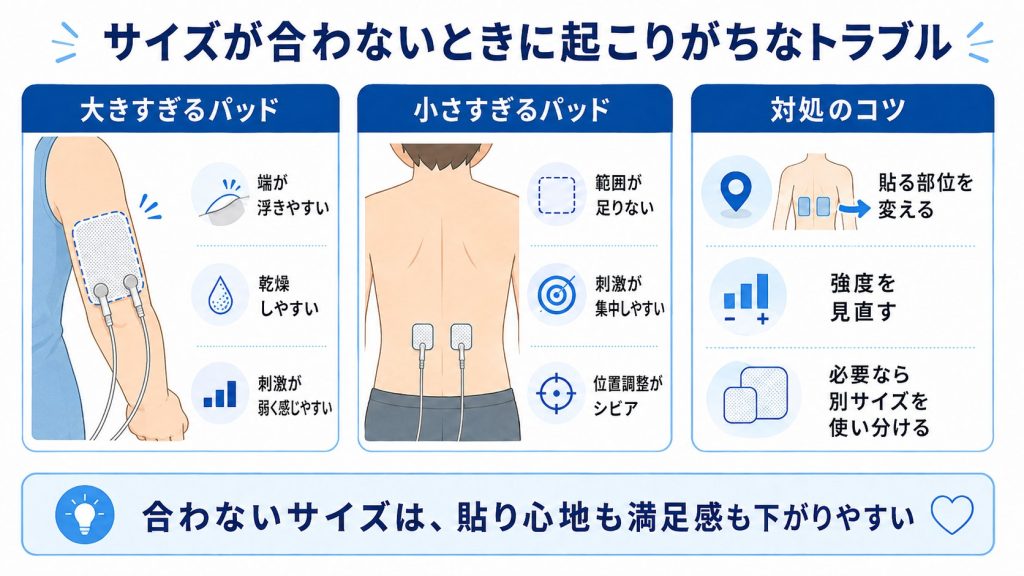サイズが合わない低周波治療器パッドで起こりがちなトラブルと対処法の図解