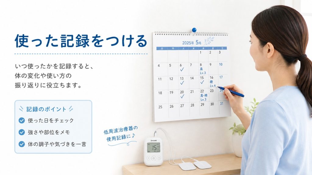 使った記録をつける」というテキストと共に、壁掛けカレンダーに使用部位や強さをペンで記入している女性の姿。手元には低周波治療器が置かれています。