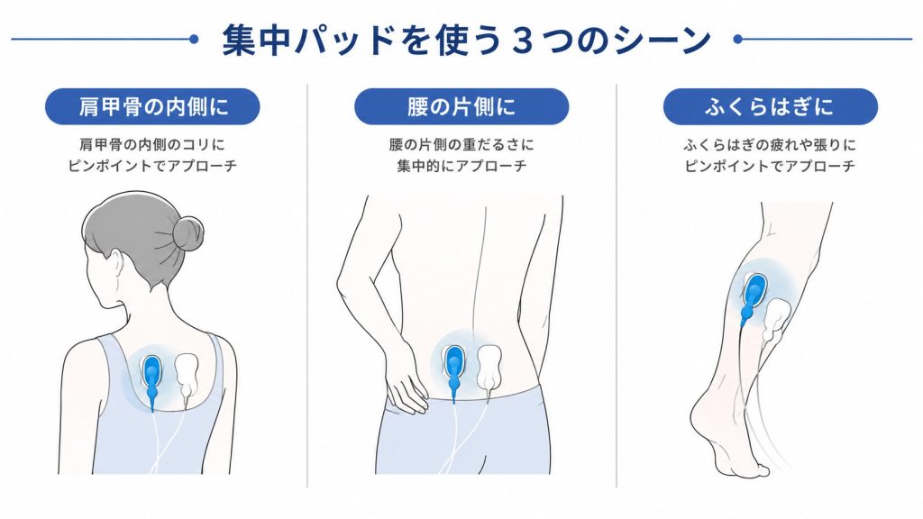 集中パッドを使う肩甲骨・腰・ふくらはぎの3つのシーン