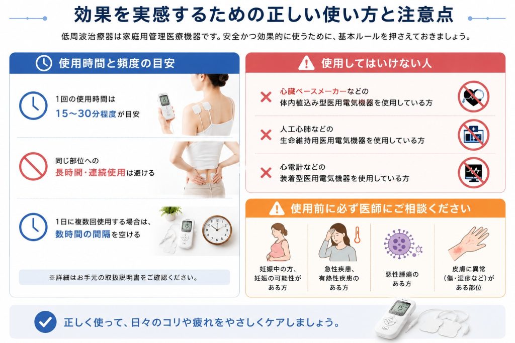 低周波治療器の効果的な使い方と注意点。使用時間・頻度の目安、使用禁止の人、医師への相談が必要な人のリスト。