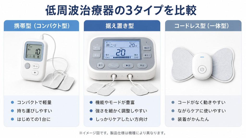 低周波治療器の3タイプ（携帯型・据え置き型・コードレス型）を比較
