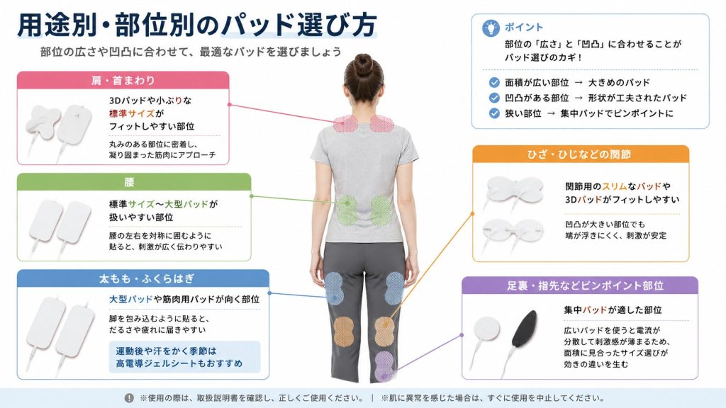 体の部位別（肩、腰、脚、関節、足裏）に合わせた最適な低周波治療器パッドの選び方を示す人体図