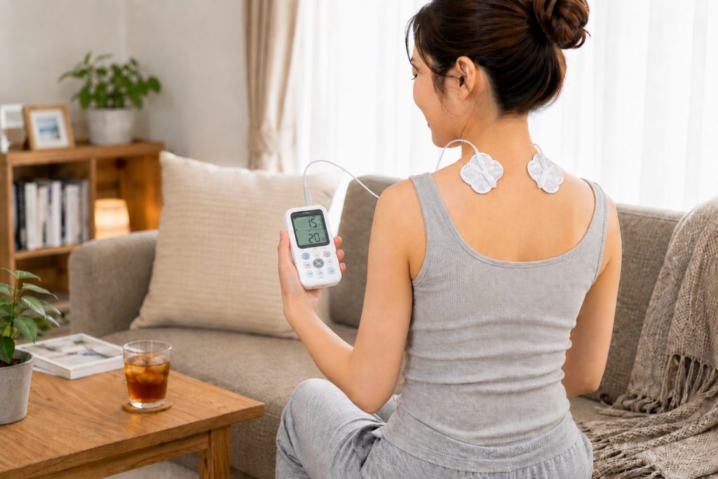 低周波治療器のパッドを背中に貼り、リビングで使用している女性