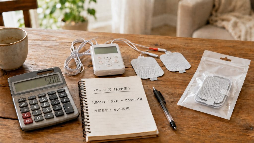 低周波治療器のパッド代を電卓とノートで計算している様子