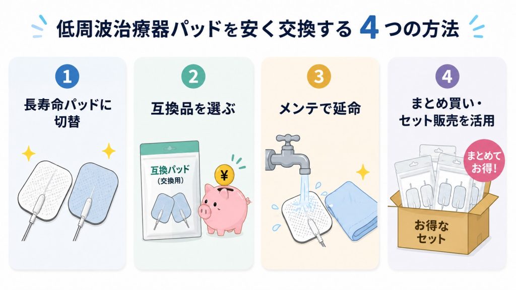 低周波治療器パッドを安く交換する4つの方法をまとめたイラスト