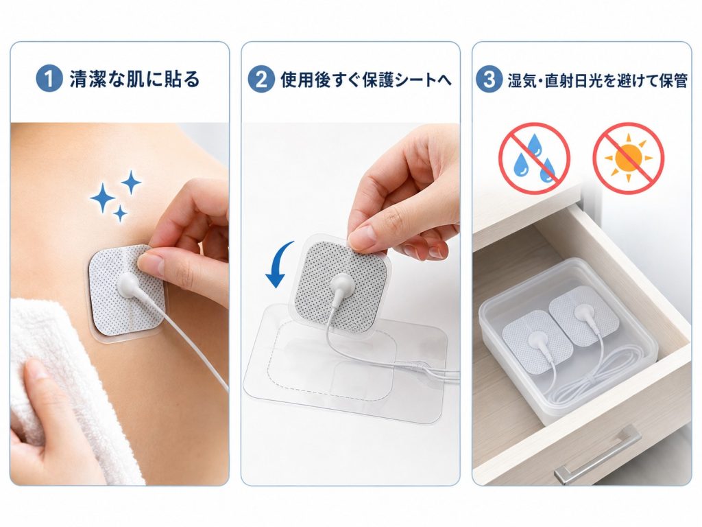 低周波治療器パッドを長持ちさせる3つの手順（清潔な肌に貼る、保護シートへ戻す、湿気・直射日光を避けて保管）
