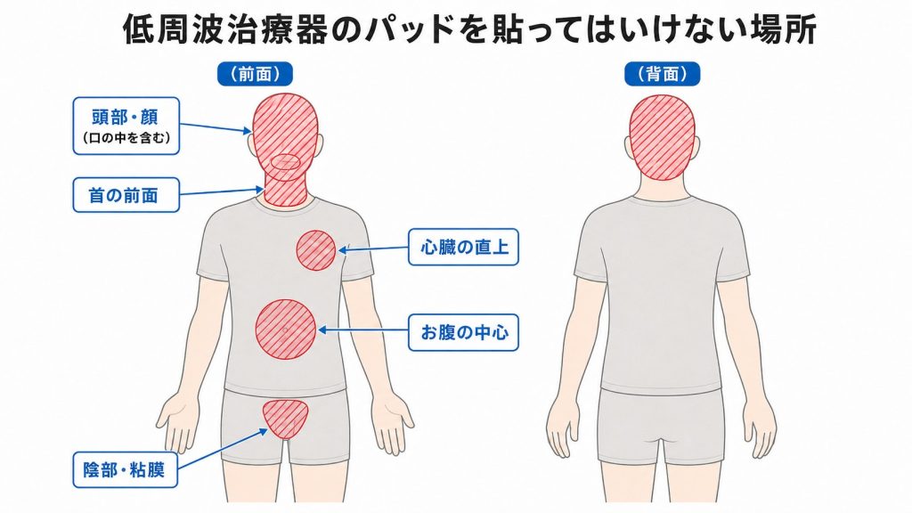 低周波治療器のパッドを貼ってはいけない場所を示した図