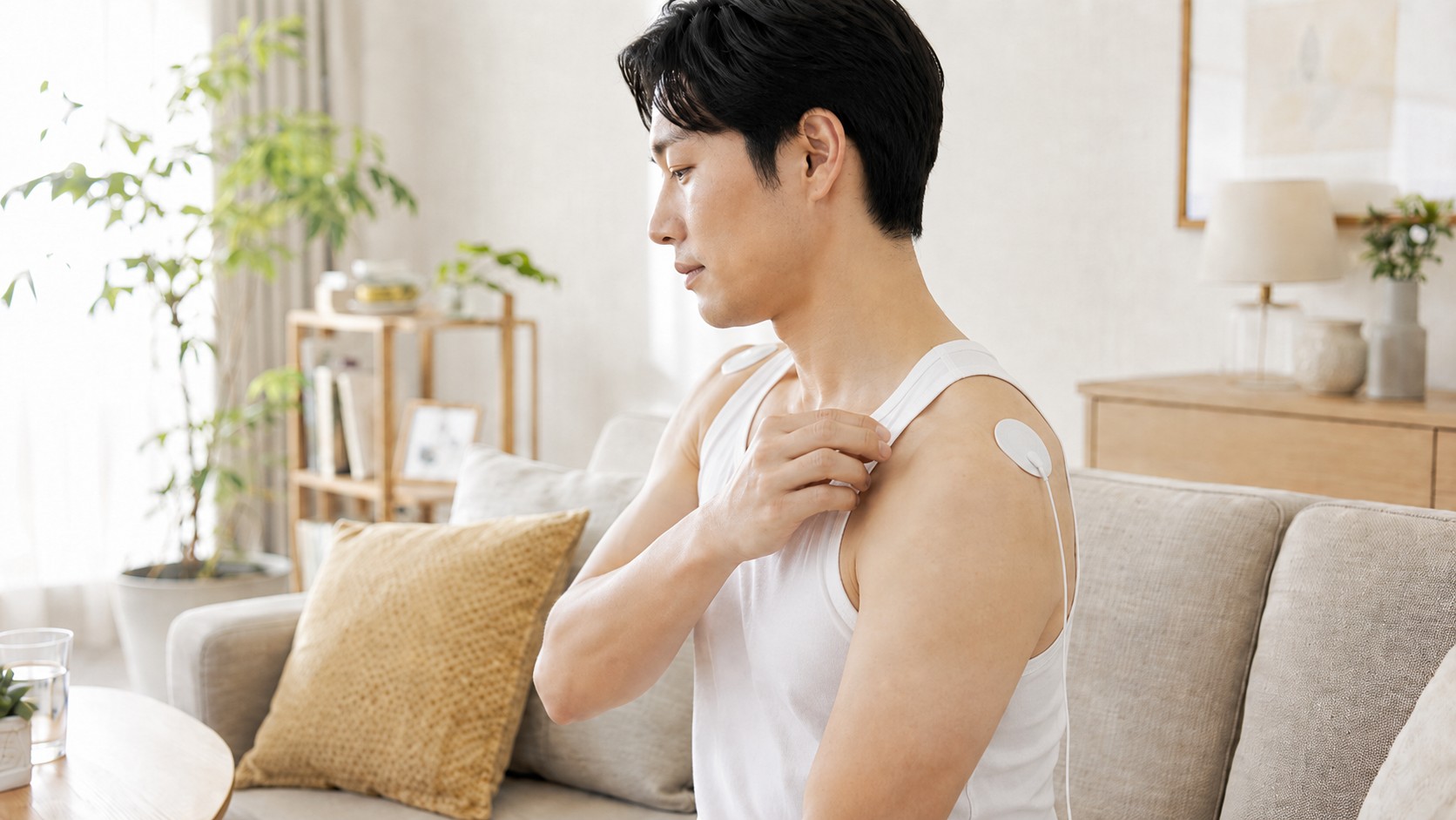 低周波治療器のパッドを肩に貼ってくつろぐ男性