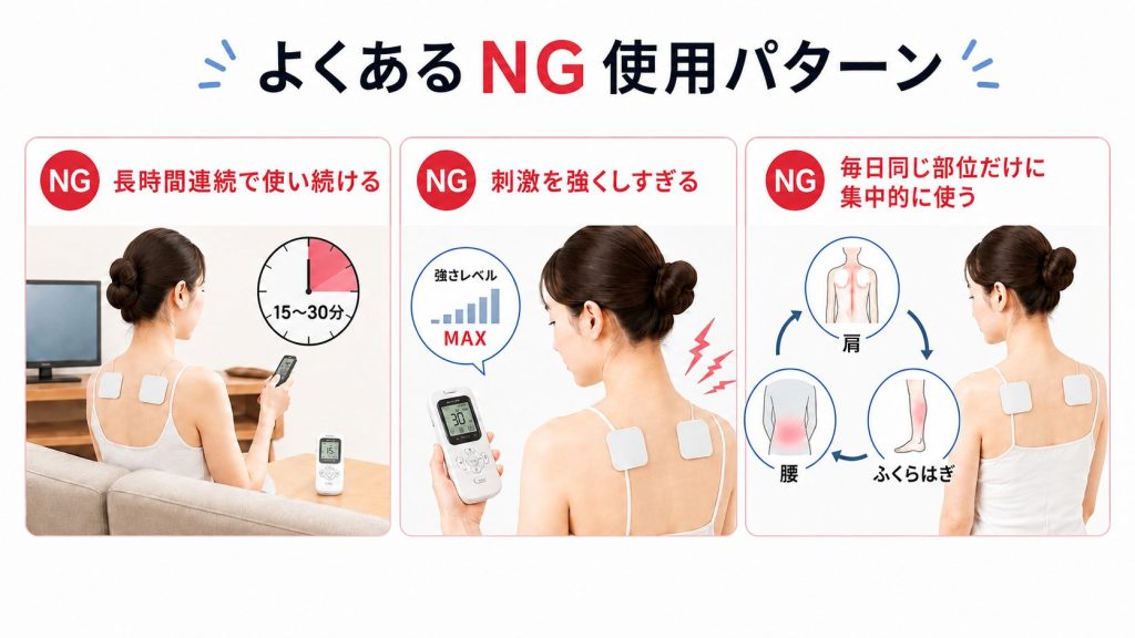 低周波治療器のよくあるNG使用パターンの紹介。長時間連続、強すぎる刺激、同じ部位への集中使用の3つの例。