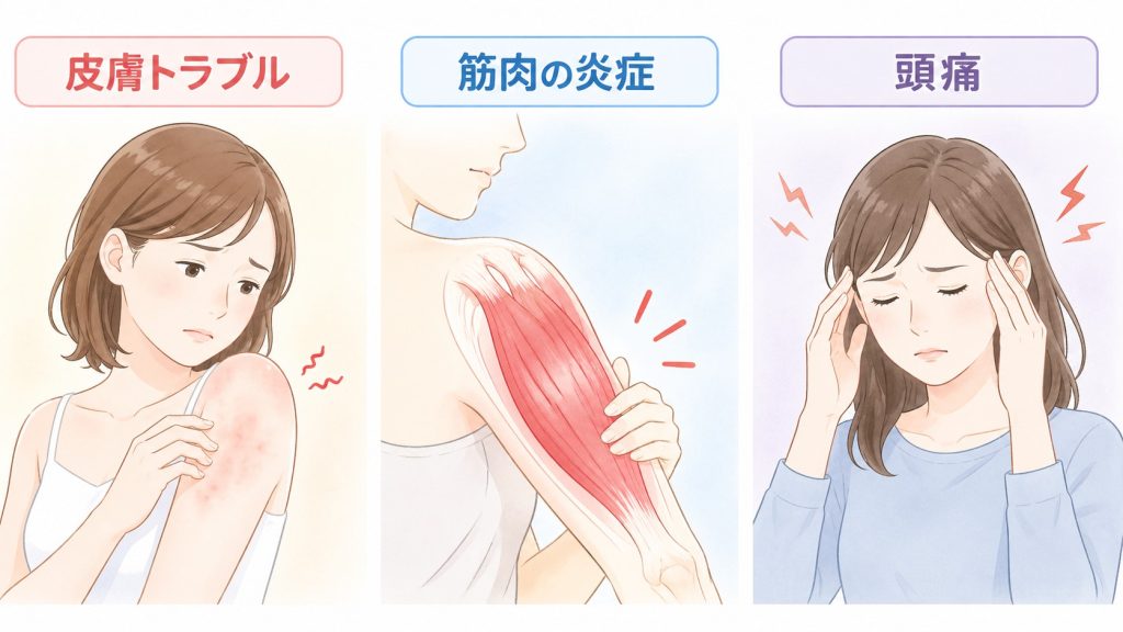 低周波治療器などの使用で起こりうるトラブル（皮膚トラブル、筋肉の炎症、頭痛）を描いた3枚のイラスト。