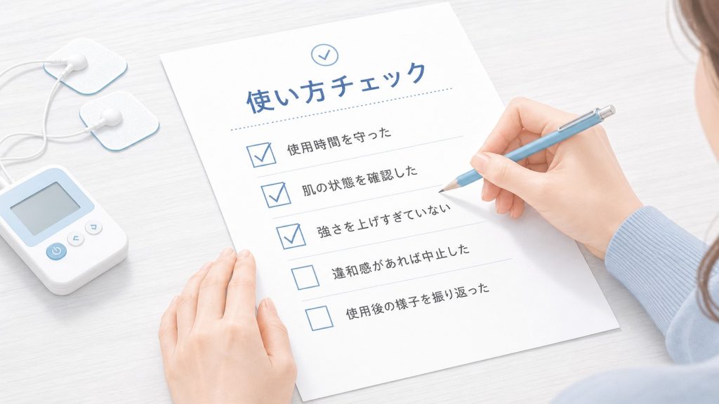 「使い方チェック」と書かれたリストにペンでチェックを入れる女性の手元。横には低周波治療器が置かれている。